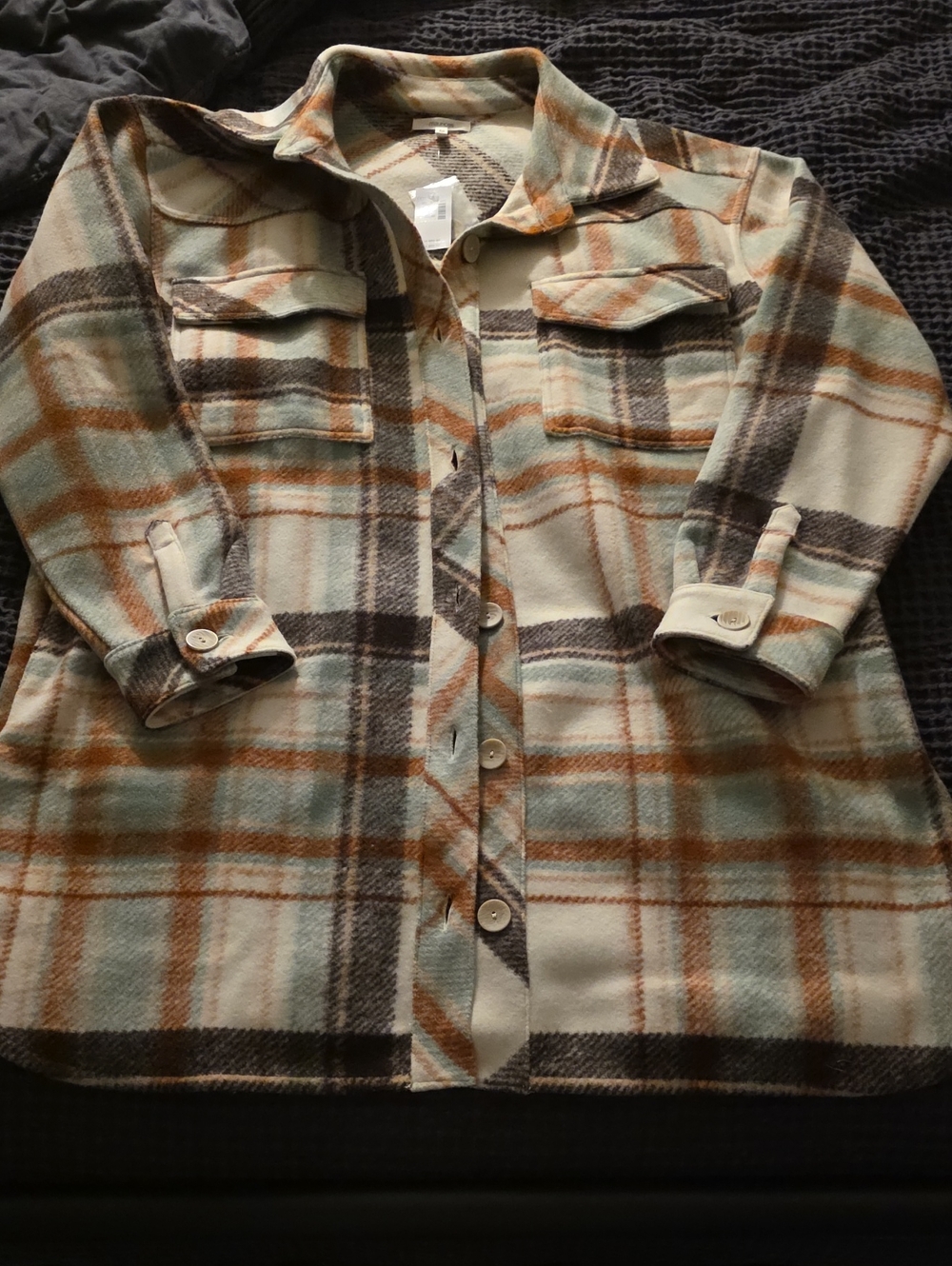 Maurices Plaid Button-Down Shacket in Cream, Brown & Green